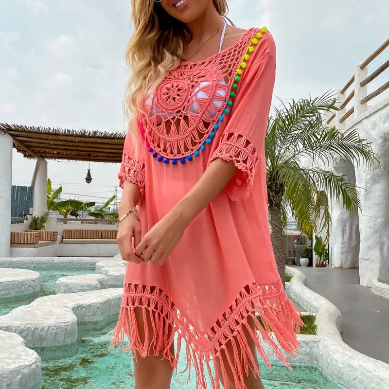 Southeast Asia Hand Crocheting Large round Stitching Loose-Fitting Tassel Vacation Beach Cover-up Spot