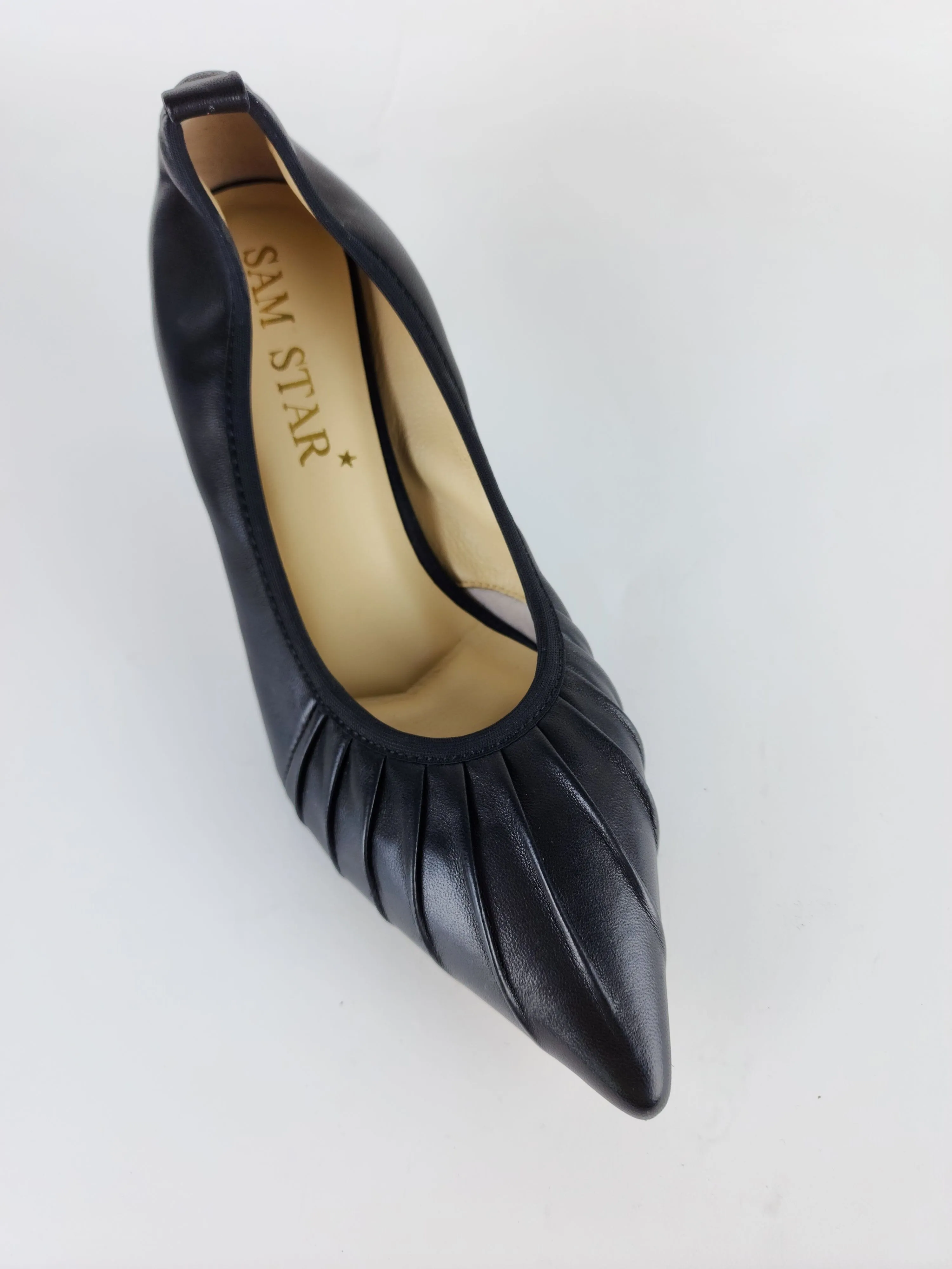 SS24003 Leather court shoes with gathering detail with elastic in Black