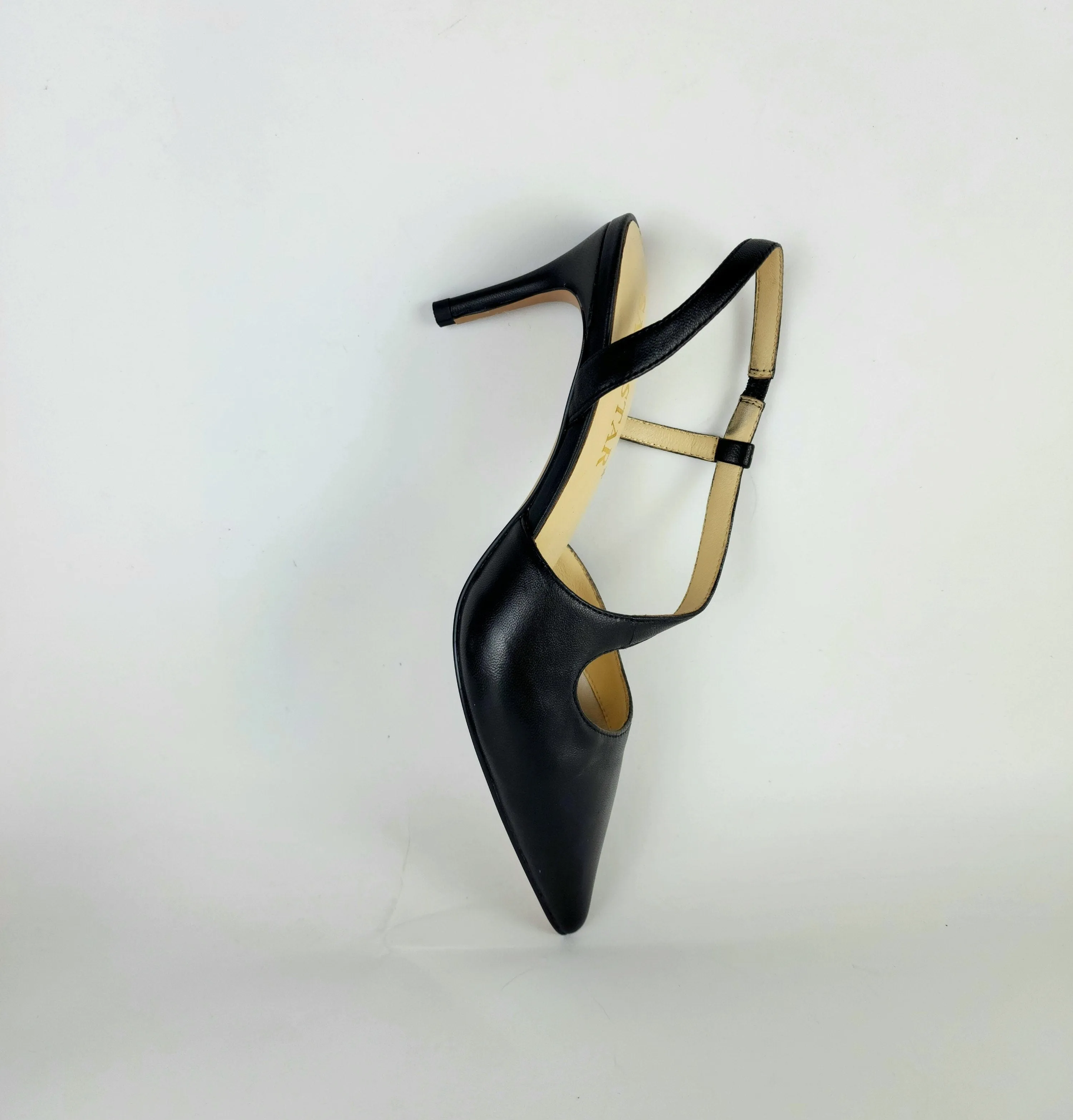 SS24004 Leather court shoes in sling back heel in Black and silver