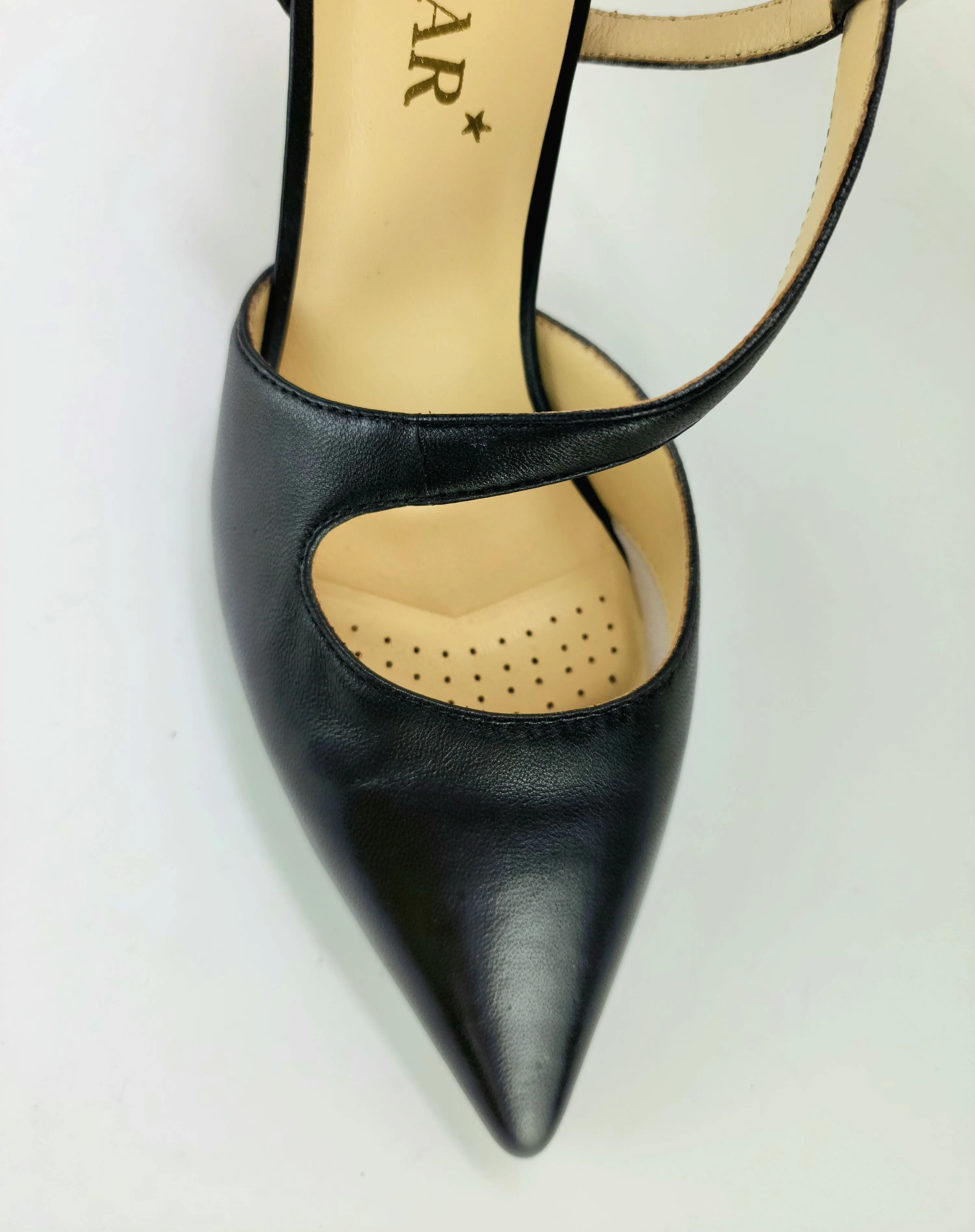 SS24004 Leather court shoes in sling back heel in Black and silver