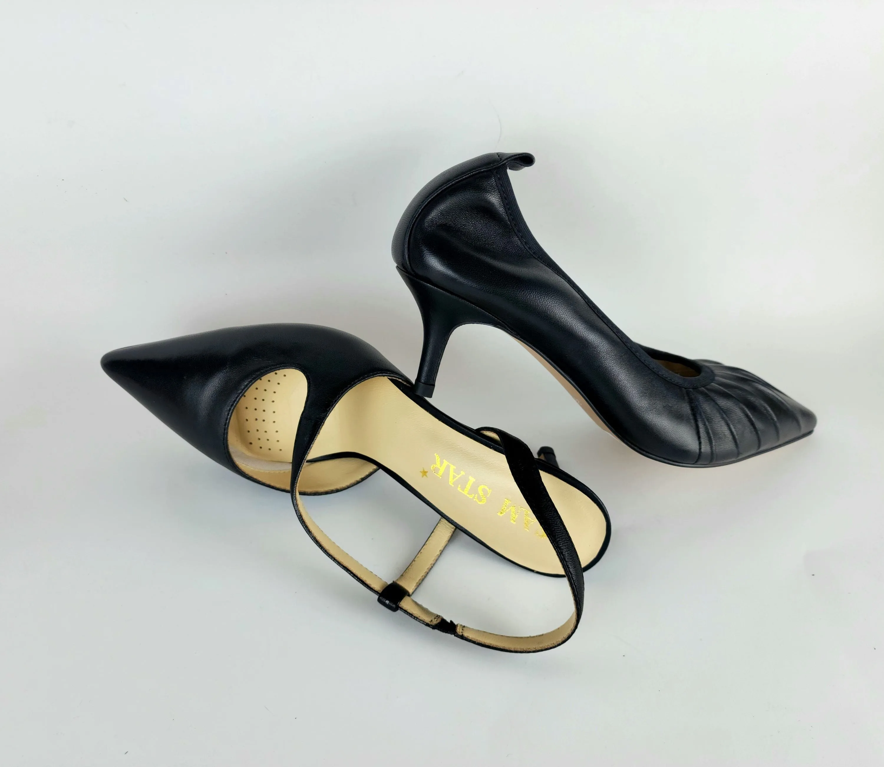 SS24004 Leather court shoes in sling back heel in Black and silver