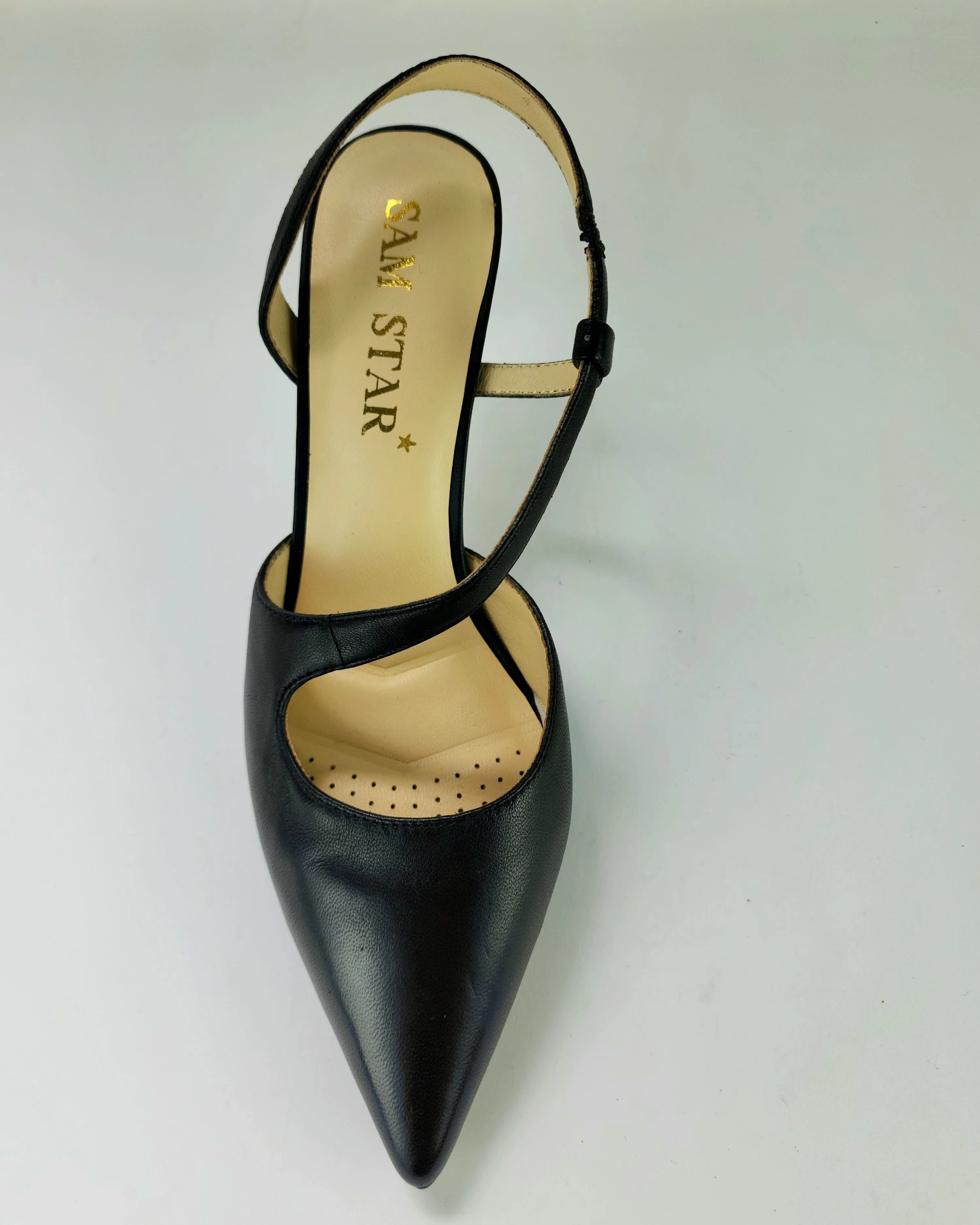 SS24004 Leather court shoes in sling back heel in Black and silver