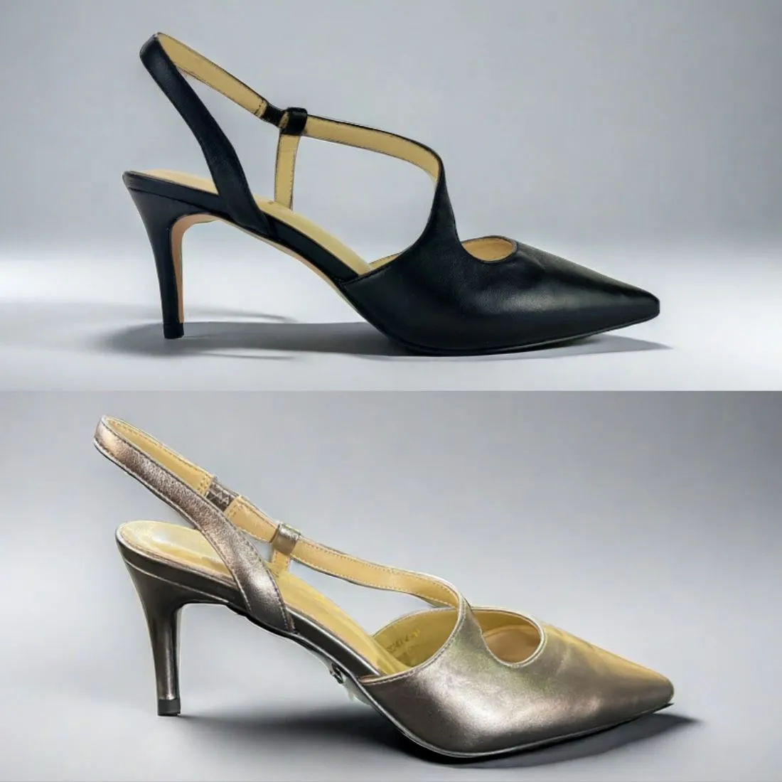 SS24004 Leather court shoes in sling back heel in Black and silver