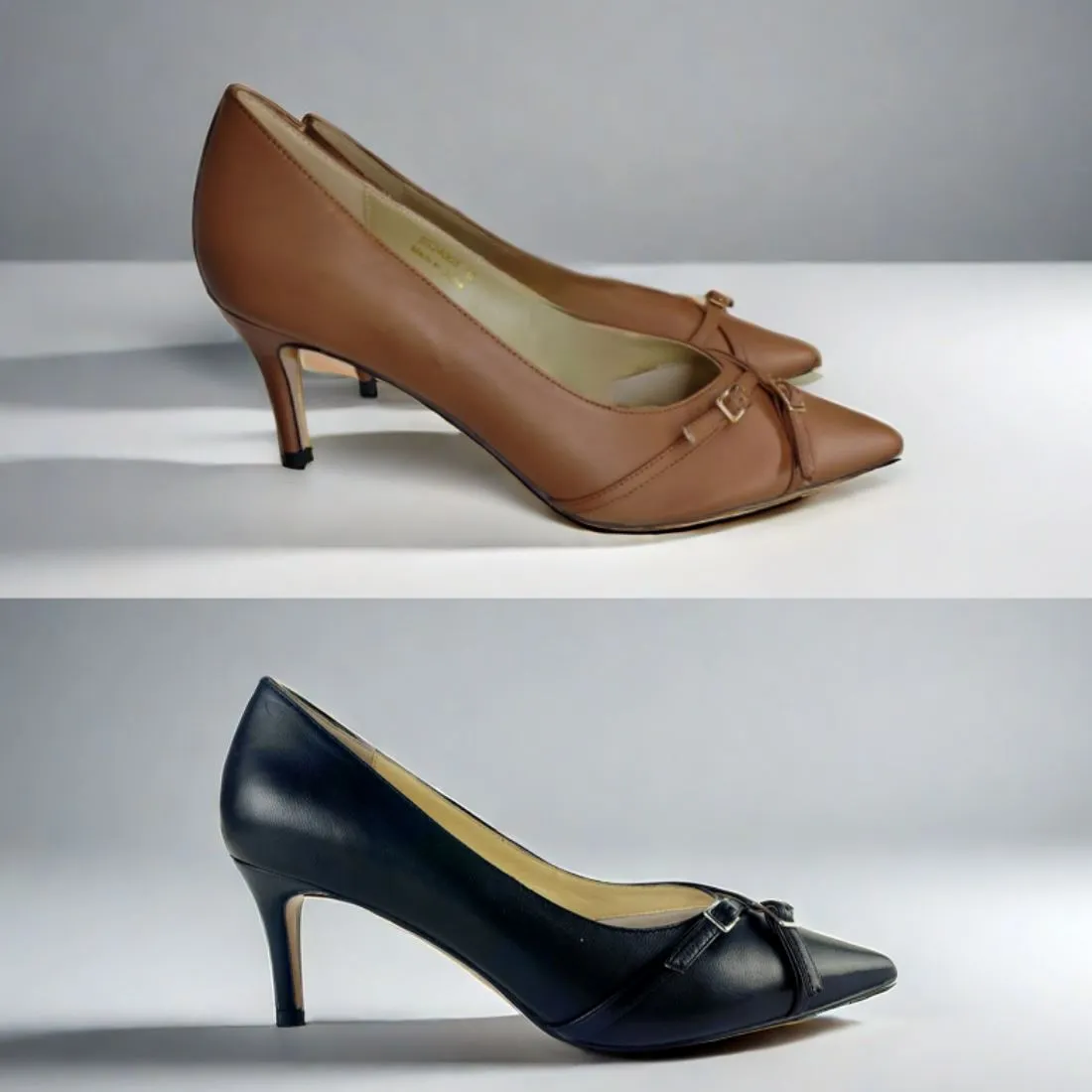 SS24005 Leather court shoes with small buckles in Black and Tan