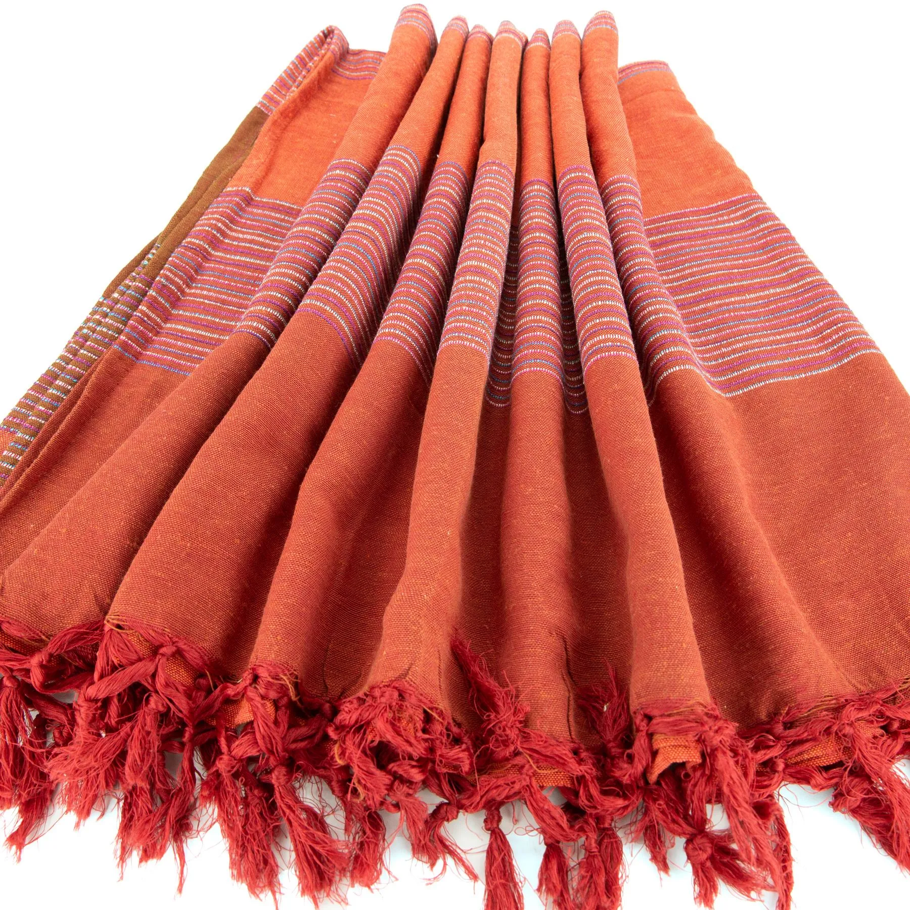 Striped Cotton Blanket With Tassel Edging - Burnt Orange