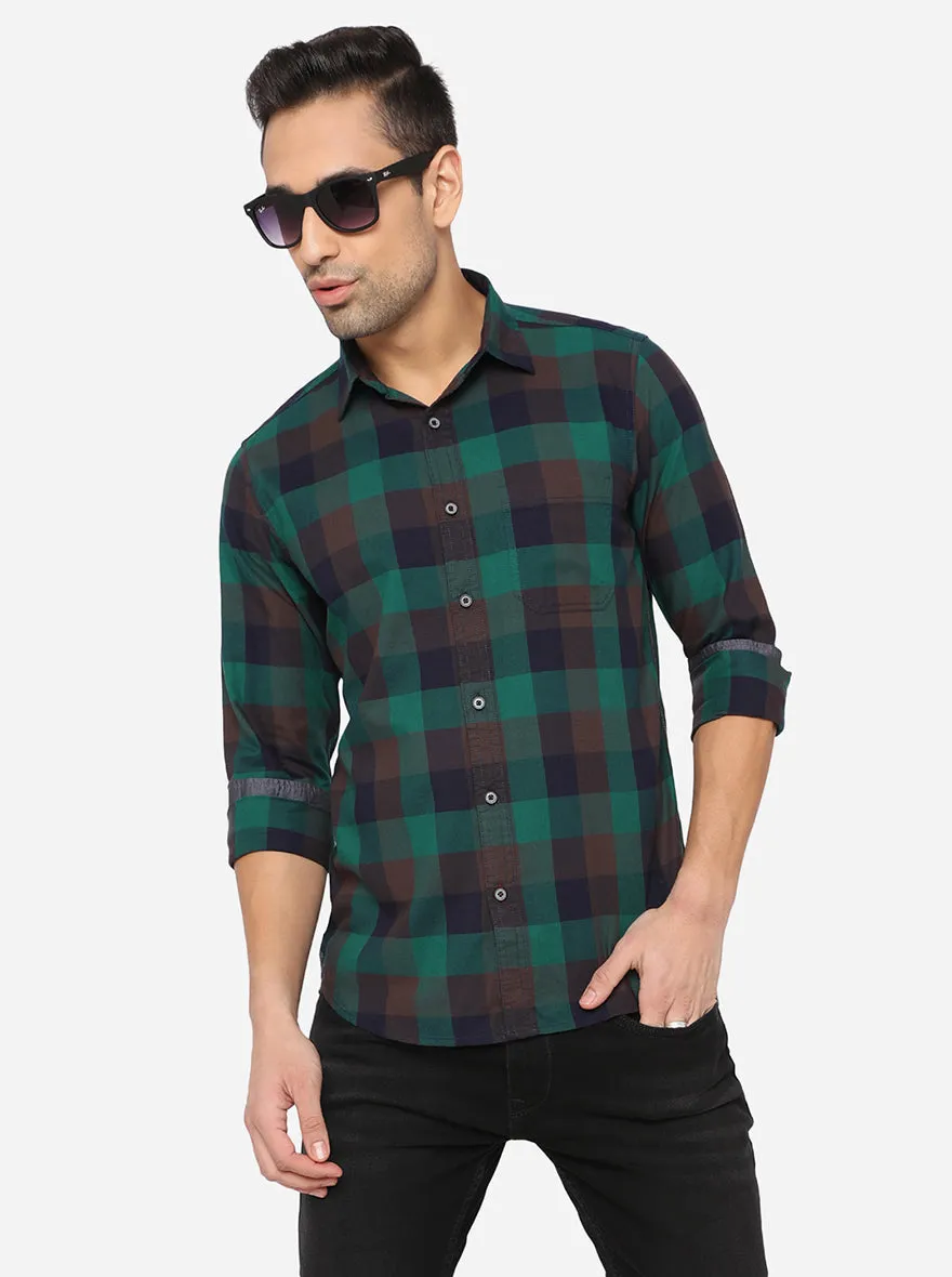 Teal Green Checked Slim Fit Semi Casual Shirt | JadeBlue