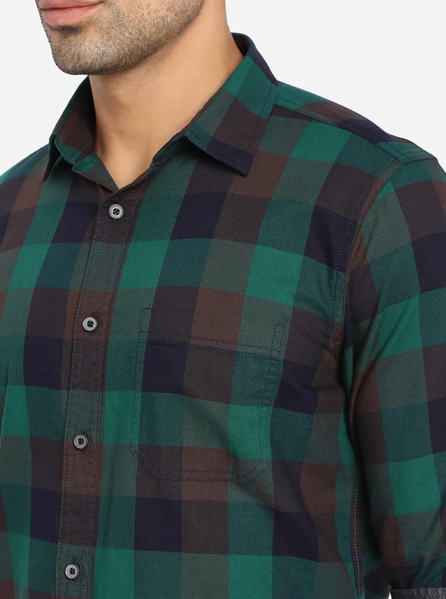 Teal Green Checked Slim Fit Semi Casual Shirt | JadeBlue