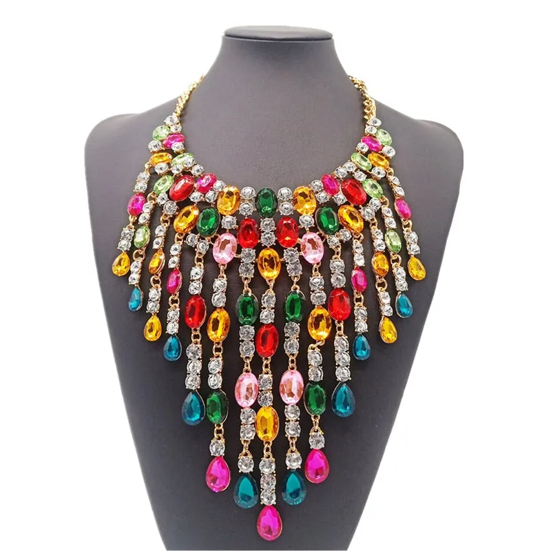 TEEK - Crystal Long Tassel Statement Necklace