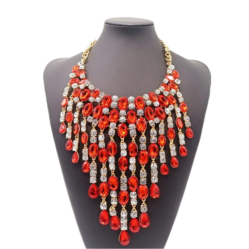 TEEK - Crystal Long Tassel Statement Necklace