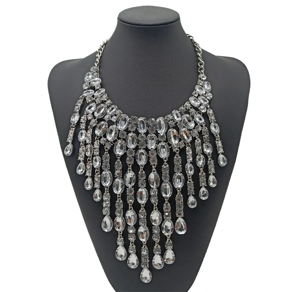 TEEK - Crystal Long Tassel Statement Necklace