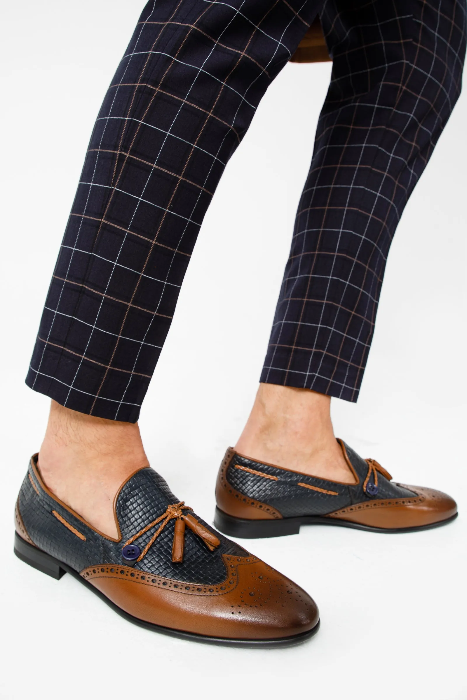 The Istanbul Tan & Navy Blue Leather Tassel Loafer Men Shoe