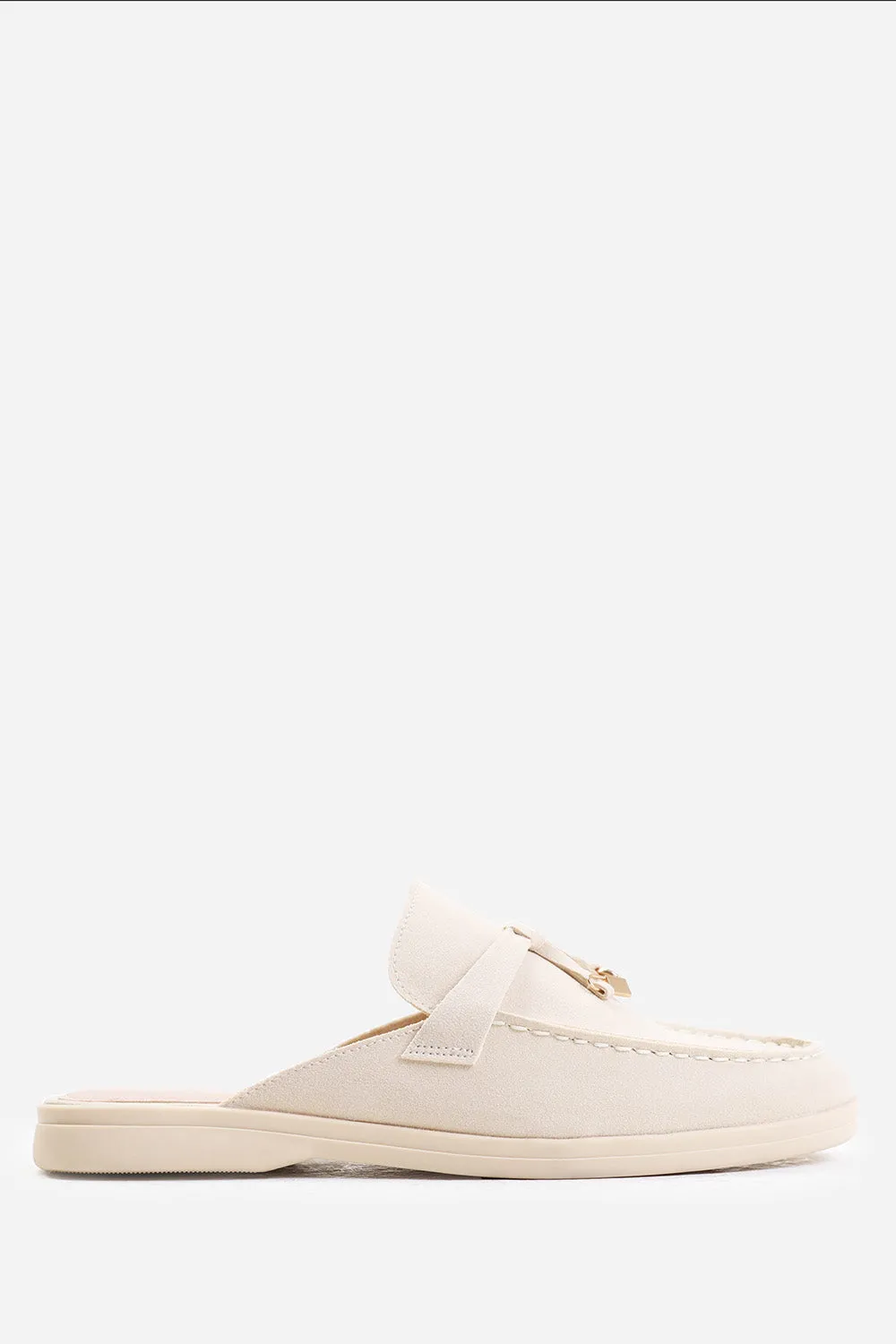 TWILIGHT WIDE FIT FLAT SLIP ON LOAFER WITH TASSEL DETAIL IN BEIGE SUEDE