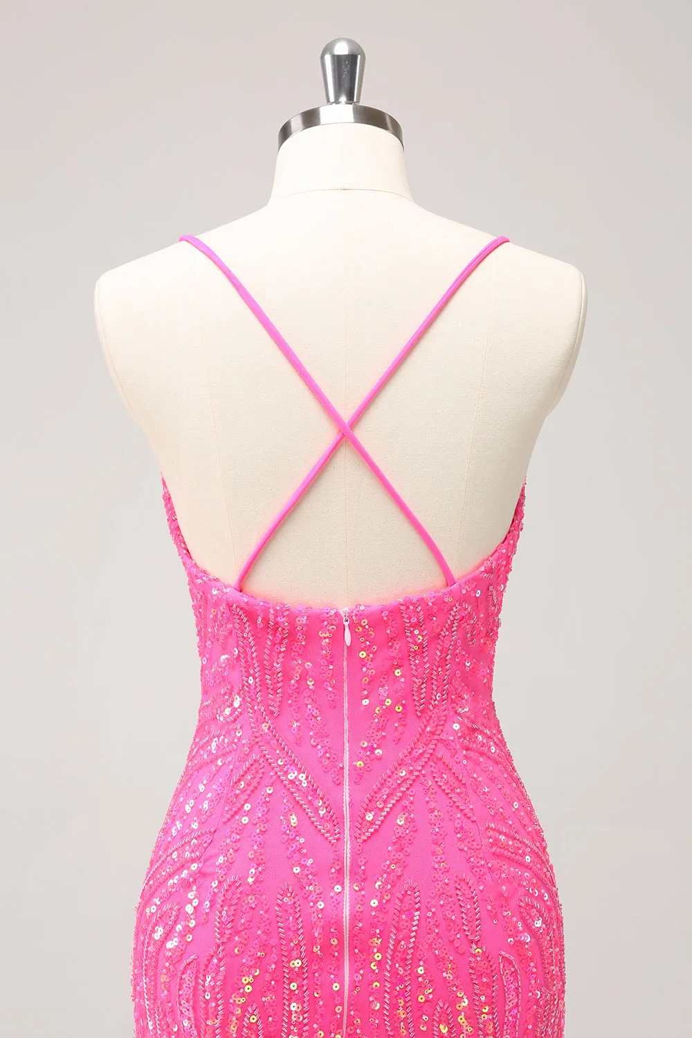 Unique Glitter Hot Pink Spaghetti Straps Sequin Tight Homecoming Dress with Tassel