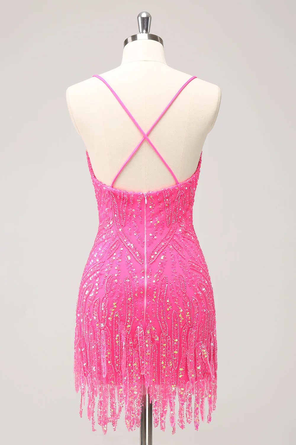 Unique Glitter Hot Pink Spaghetti Straps Sequin Tight Homecoming Dress with Tassel