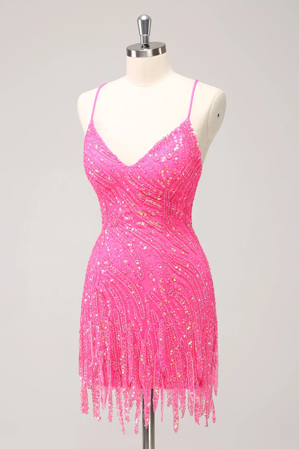 Unique Glitter Hot Pink Spaghetti Straps Sequin Tight Homecoming Dress with Tassel