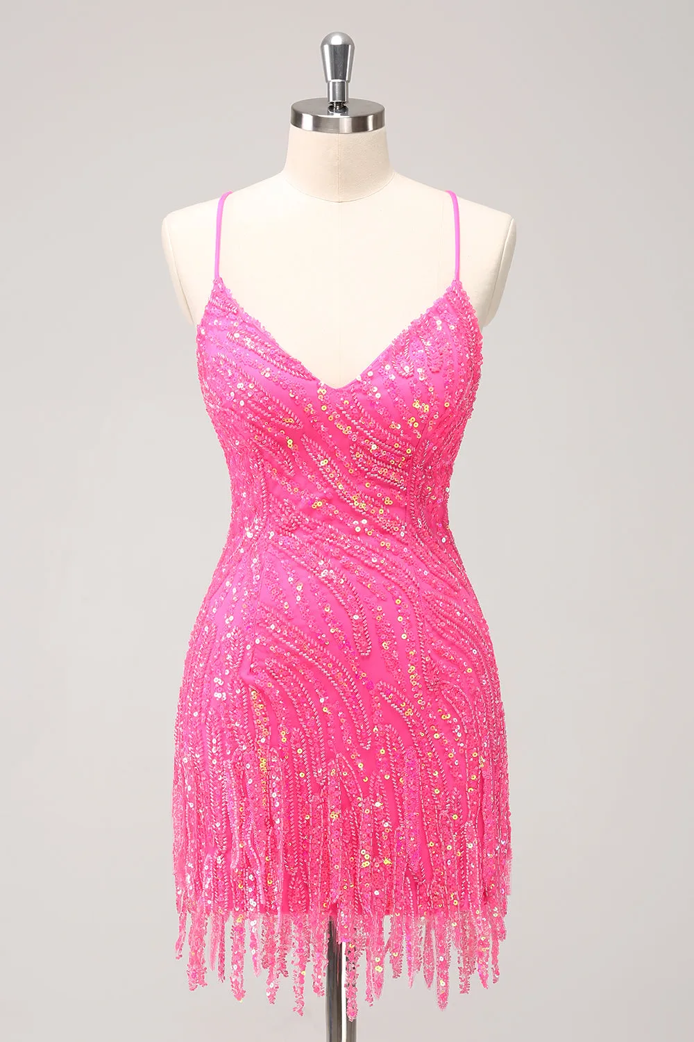 Unique Glitter Hot Pink Tight Spaghetti Straps Sequin Homecoming Dress with Tassel