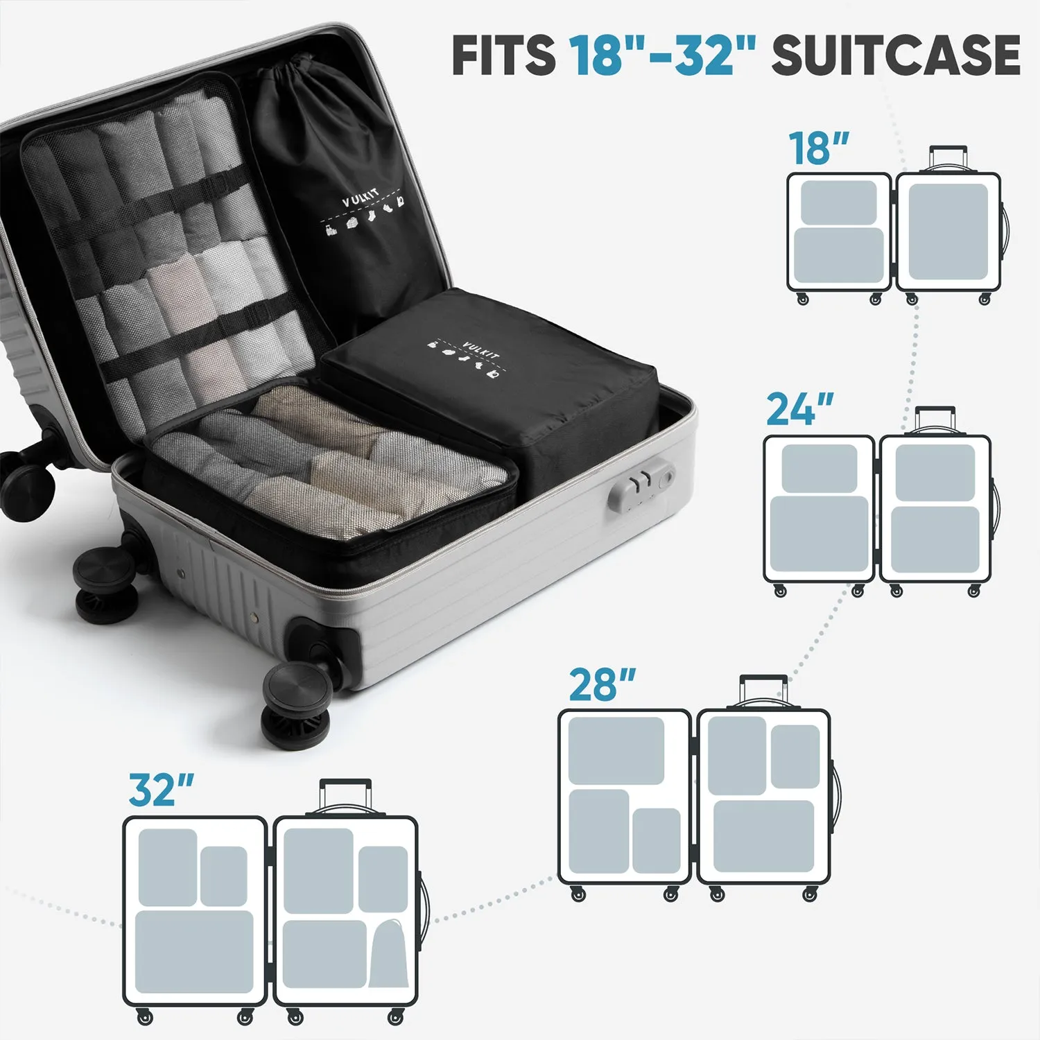 VTB100 - 7PCS Waterproof Travel Packing Cubes Set for Suitcase and Backpack Organizers