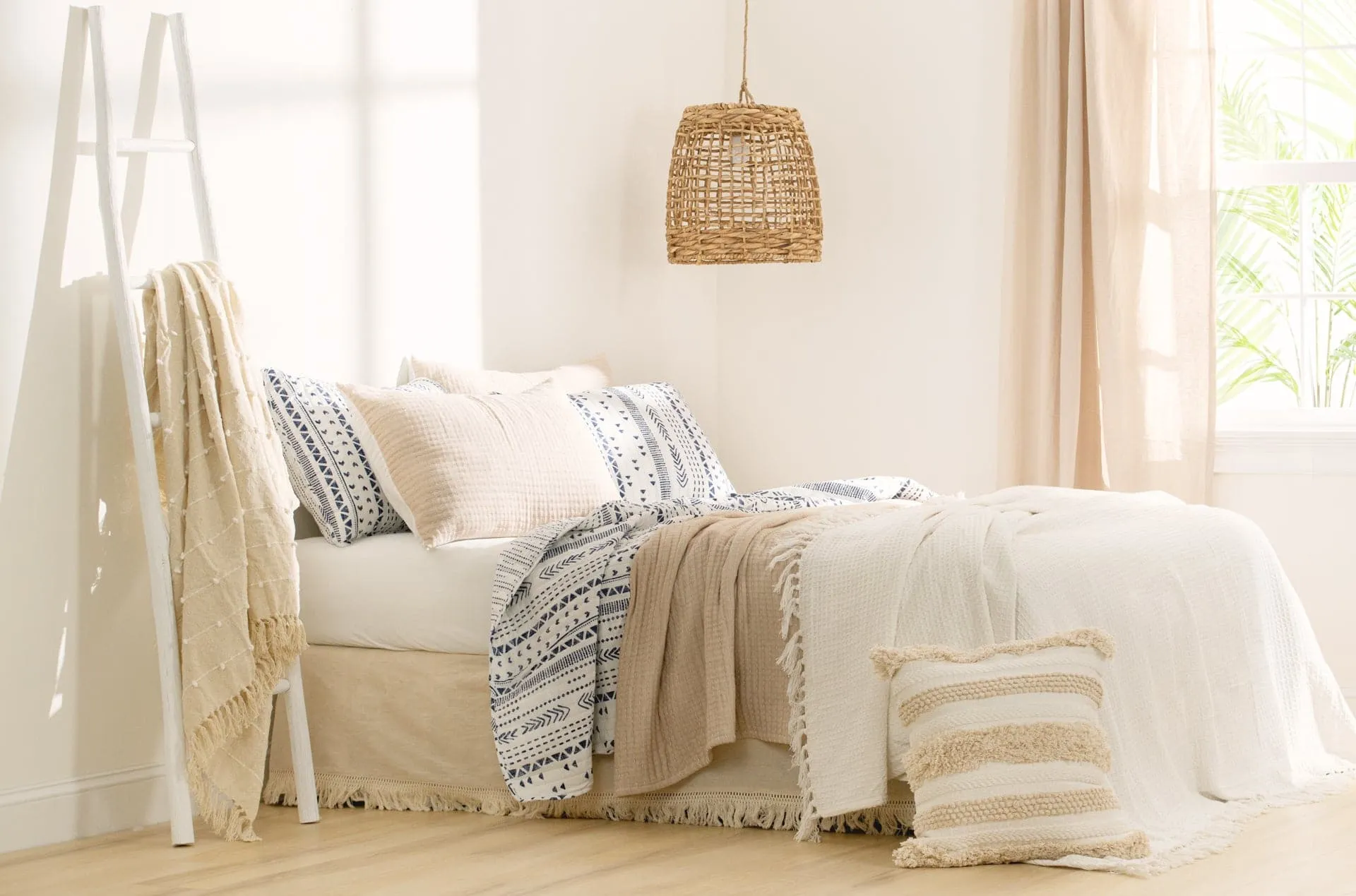 Waffle Cotton Knit Tassel Fringe Blanket/Coverlet