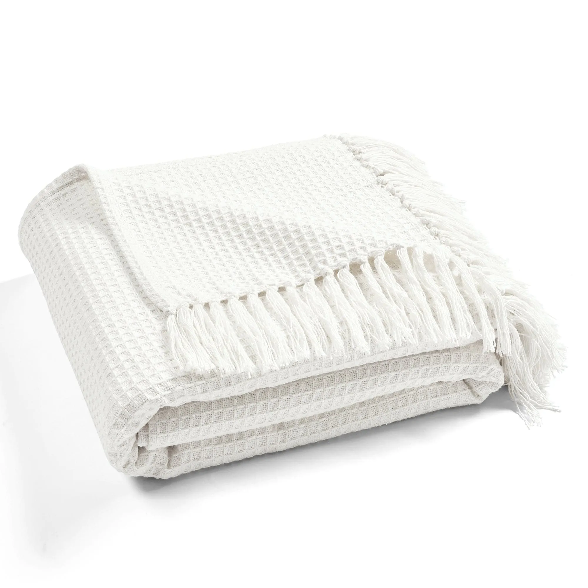 Waffle Cotton Knit Tassel Fringe Blanket/Coverlet