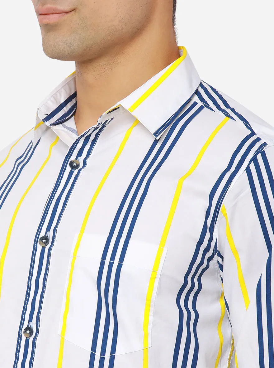 White & Patriot Blue Striped Slim Fit Semi Casual Shirt | JadeBlue