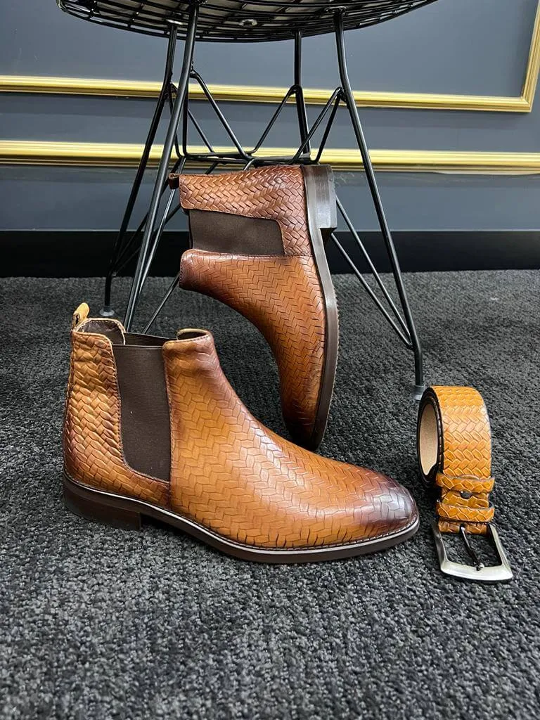 Wicker Detail Camel Chelsea Boots