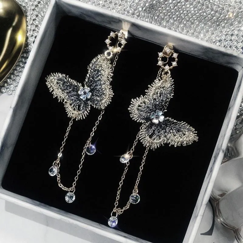 Women Butterfly Long Tassel Pendant Metal Earrings