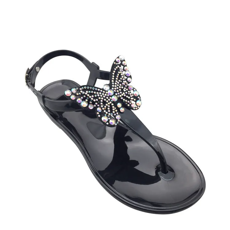 Women butterfly rhinestone buckle strap flat jelly sandals