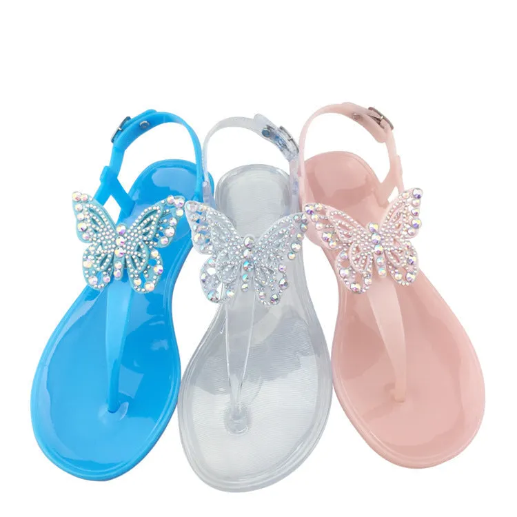 Women butterfly rhinestone buckle strap flat jelly sandals