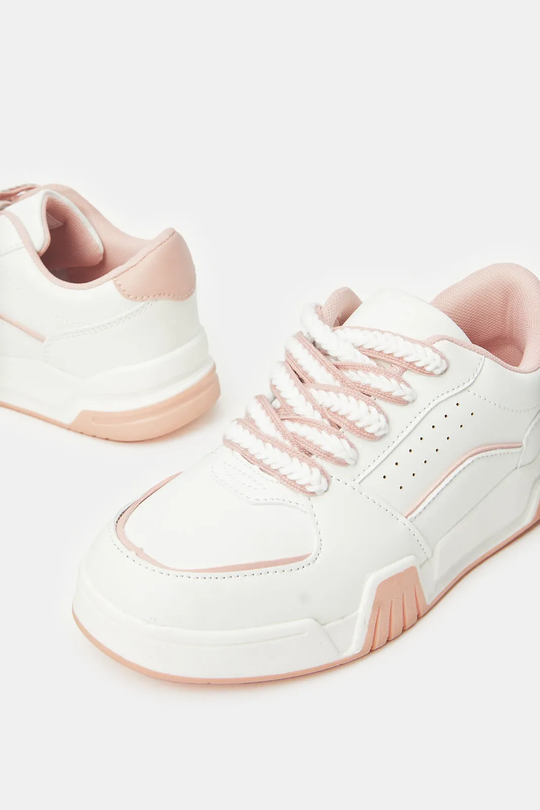 Women White Court Sneakers With Pink Lace