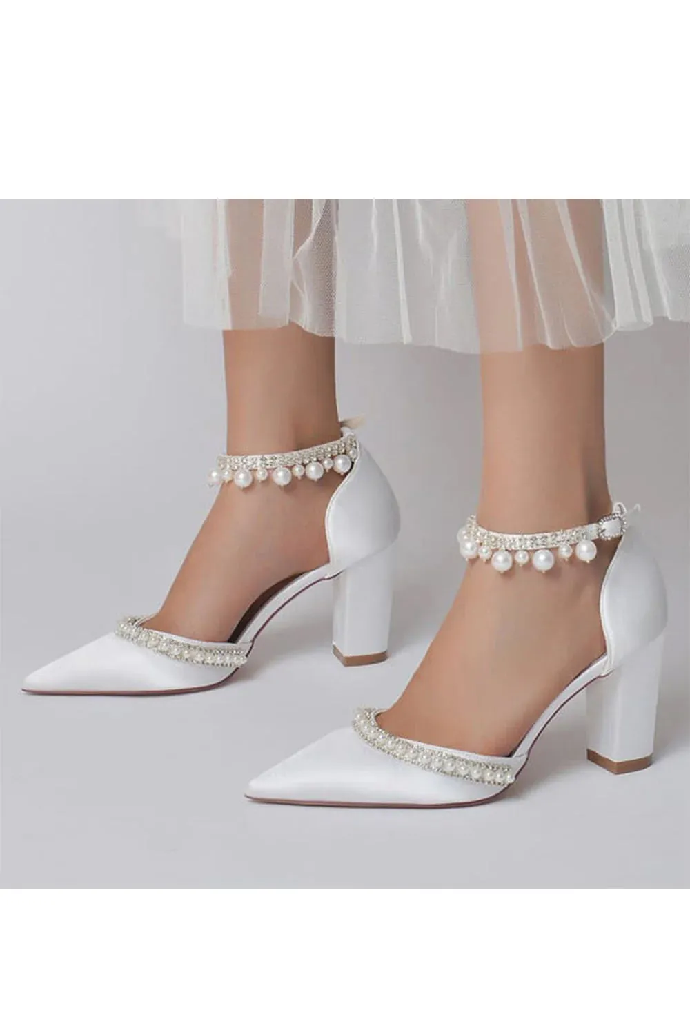 Women's Wedding Shoes Satin Block Heel Pearl Rhinestone Tassel Wedding Shoes