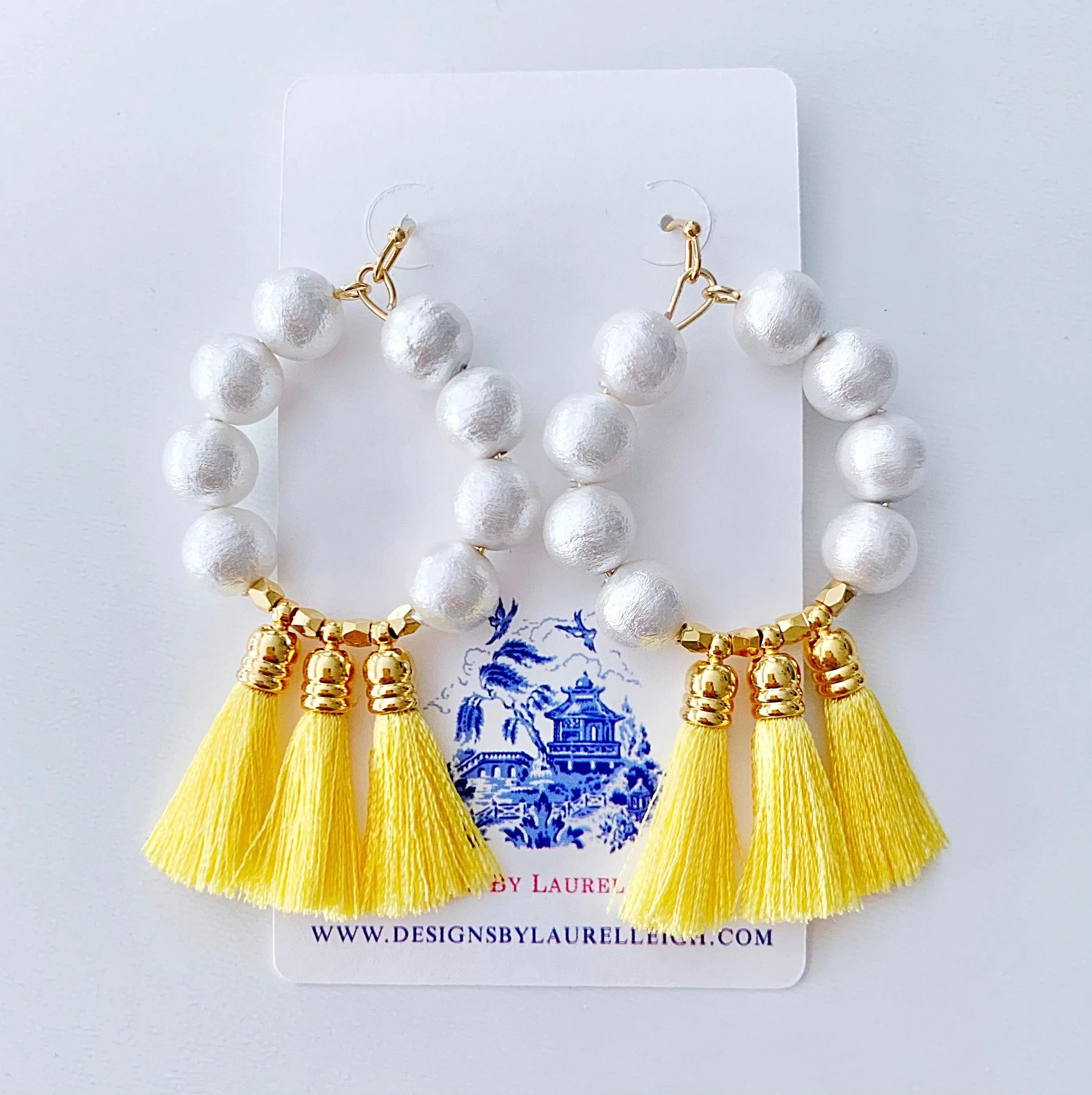 Yellow Tassel Cotton Pearl Hoop Earrings