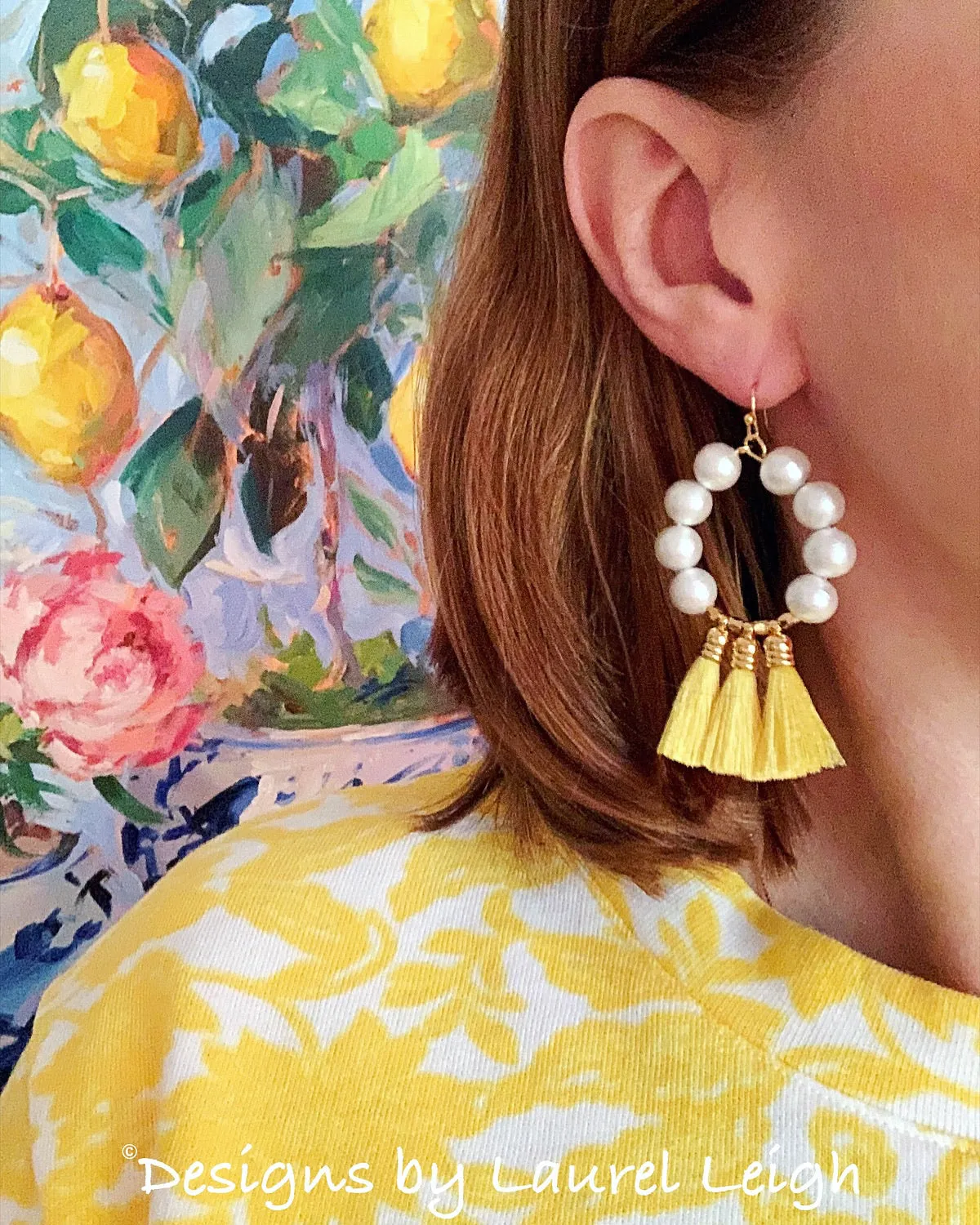 Yellow Tassel Cotton Pearl Hoop Earrings